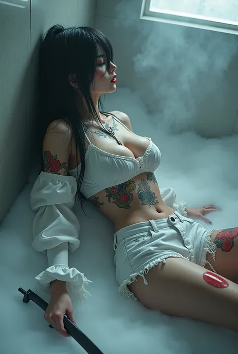 Best quality, 4K,8K, High resolution, tmasterpiece: 1.2), Smoke background, Akali, 1个 Girl Big breasts, long sleeves, White veil, White shorts,, Tattooed, Permanent, full body, arma, scythe, dagger , ,White boots, Vaginal discharge,White mask,(( lying down...