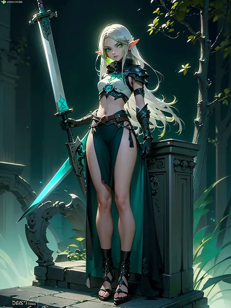 (((Masterpiece, best quality, high detailed, 8k))) Design a layout showcase Gaming character, (1girl). Long silver hair, green eyes, wearing a long flowing jade dress with high side slit, showing midriff, wielding a massive greatsword, sexy. (masterpiece:1...