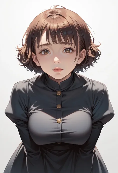 anime girl with short hair and brown eyes in a black dress, semirealistic anime style, anime style portrait, face anime portrait...