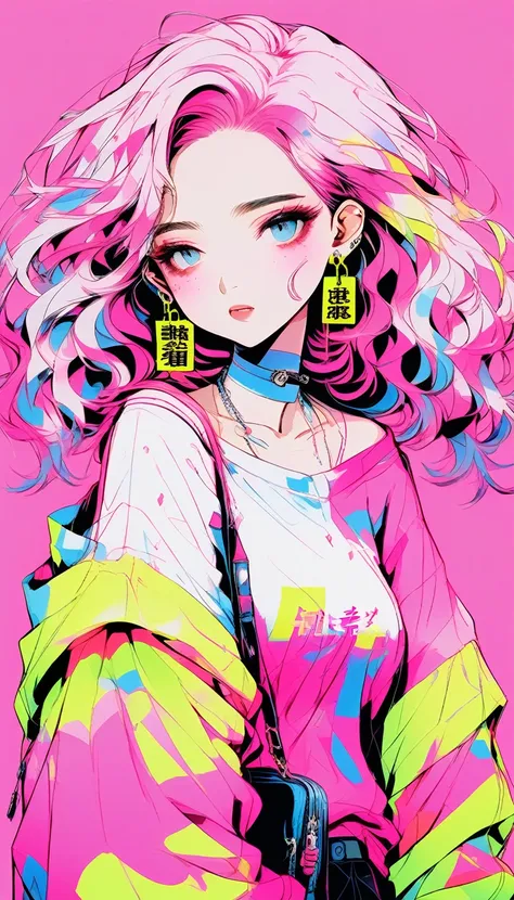 (best quality:0.8), (best quality:0.8), perfect illustration((masterpiece, best quality)), japanese cartoon movies, 1 girl, off-shoulder sweater, big bust, short, whole body, Neon Hair, black tone, White background, various postures,