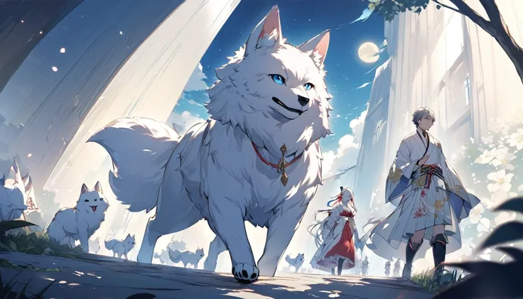 Under the moonlight、A white fox walking quietly、Abe no Seimei is following behind.