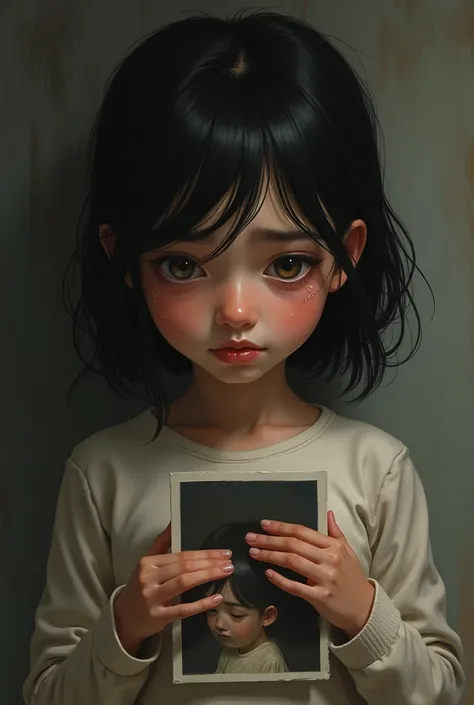 A picture of a crying girl holding a photo frame