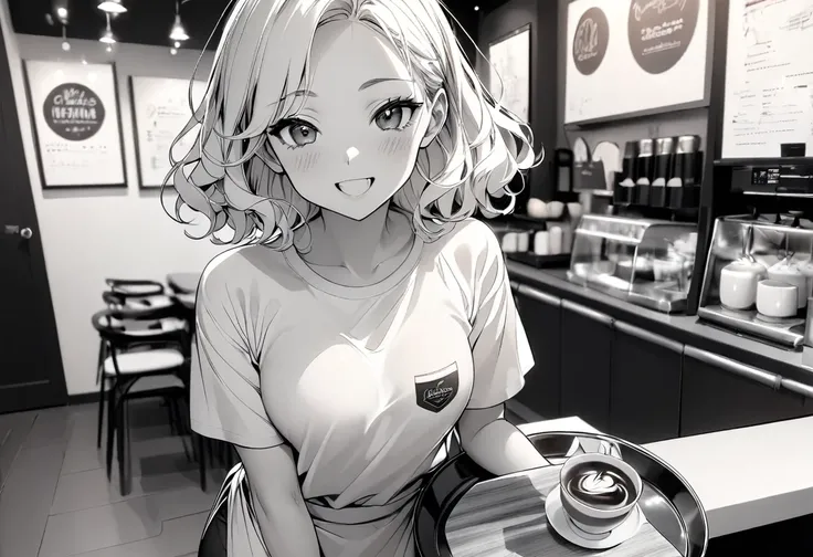 masterpiece, best quality, 1 girl, (20-years-old:1.5), solo, (slim:1.8), tall:1, short hair:0.8, wavy hair, (double eyelid), t-shirt, (wearing apron:1), holding round silver tray, small breast:0.5, (beautiful like an actress), sexy, happy, looking_at_viewe...