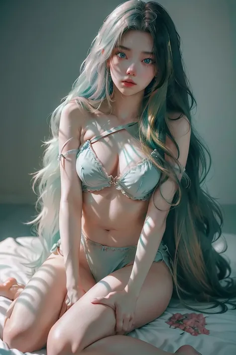 character, female, ((17 year old)),realistic (reality))), ((((1girl)))), long thick hair, wearing pastel green lingerie bikini, (( in bed.)) white silk sheets + pillow case [[ laying on the bed enticing pose]] (split-color hair, hair color slight Red mixed...