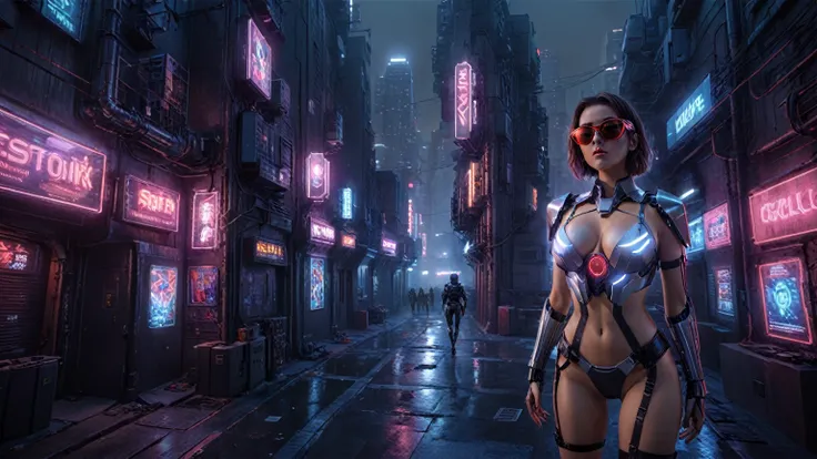 Theres a cyborg woman (8k) wearing a futuristic leotard (best quality), aerial view of a cyberpunk city alley at night, (flying cruising robotic owl), darksynth aesthetic, red neons, haze, foggy night, ultra detailed, photorealistic, (1girl, solo, alone), ...