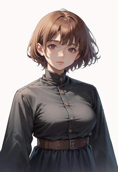 anime girl with short hair and brown eyes in a black dress, semirealistic anime style, anime style portrait, face anime portrait, painted in anime painter studio, in an anime style, portrait of an anime girl, sayori, made with anime painter studio, portrai...