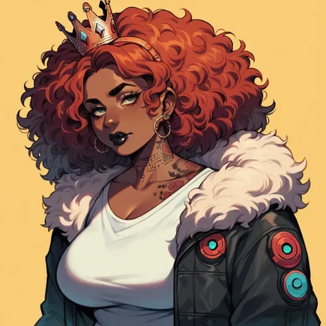 beautyfull chubby woman, chubby body, african skin, black skin, black lips, red hair frizzy hair, fringe hair, tattoos, written, orange headset, fur coat, white shirt, black chocker, cyberpunk background, crown, milf