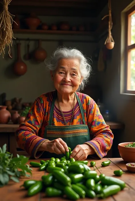 Create an image of a grandmother from El Salvador who prepares green jalapeño pepper 