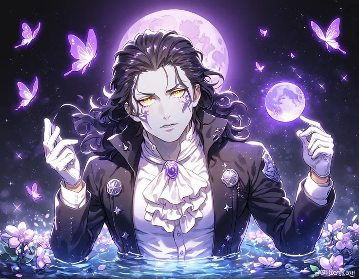 absurdres, highres, ultra detailed, HDR, master piece, best quality, Tyki Mikk, black hair, hair slicked back, ruffled wavy hair, expressive yellow eyes, gray skin, D.Gray-man, solo, sexy man, handsome, sensual, horny, black coat, white shirt, white cravat...