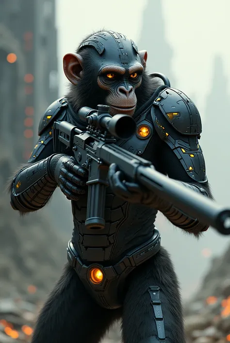 Make a monkey with futuristic armor and a futuristic helmet holding a sniper rifle on his shoulders