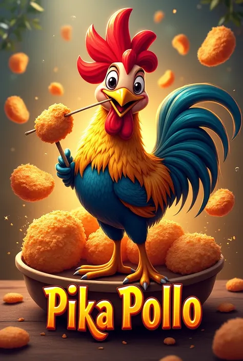 Logo for my company with the rooster Claudio with a toothpick in his mouth with breaded pieces with the name pika pollo see Something extravagant and alive