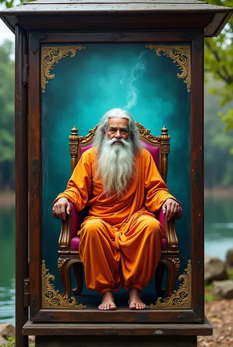 A advertisement board for a false baba who is seating on a chair and smoking 