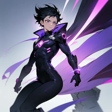 [Core Concept] A futuristic, full-body depiction of an adult male character.

[Character Description] A slender, athletically-built man with short, dark hair. He wears a sleek, black bodysuit or uniform, accented by a purple belt and boots. His face is obs...