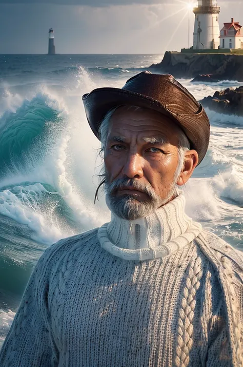 Portrait of a Tough Face (Old Fisherman:1.3), (Face Focus:1.5), (storm:1.2), (Wave:1.3), Ocean, (Lighthouse background:1.3), (Cowboy Shot:1.4), (Knitted sweater with white turtleneck:1.3), View your viewers, Realistic, masterpiece, Highest quality, Backlig...