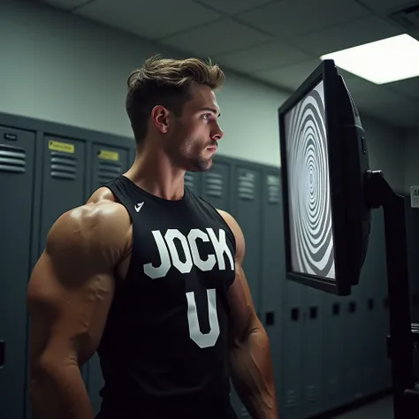 Young male college student Wearing a shirt that says JOCK-U as a big dumb muscular bodybuilder football jock bro flexing and staring blankly into a monitor displaying a hypnotic spiral under hypnosis in a locker room as he repeats, "Bigger... Dumber.... Ju...