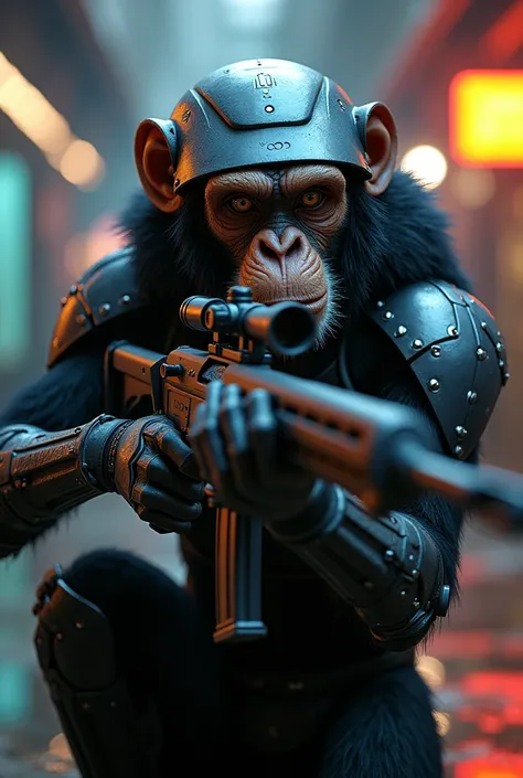 Make a monkey with futuristic armor and a futuristic helmet that holds a sniper rifle on its shoulders and that looks like it&#39;s straight out of a video game and that has a sniper scope pointed at it.