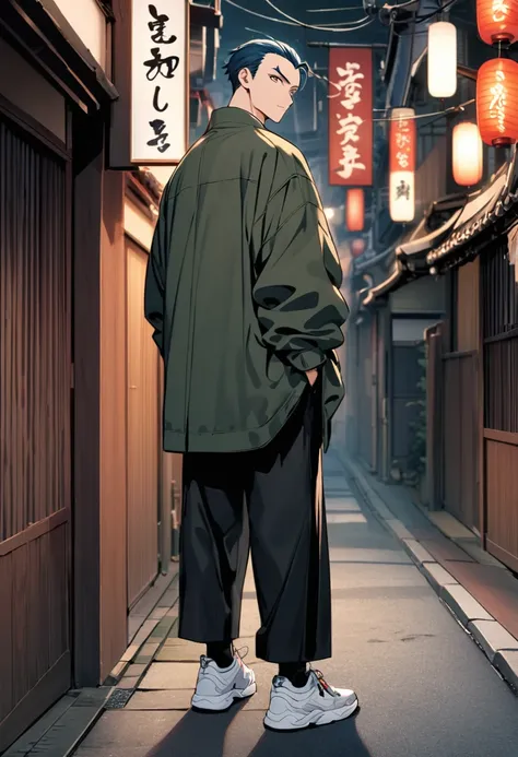 Solitary，Handsome, 1 male, High hairline，Short blue hair，Brown eyes，Dark green jacket, black trousers，white sneakers，On the Japanese-style street, Hands in pockets，Turn your back to the lens，Turn to look at the camera，