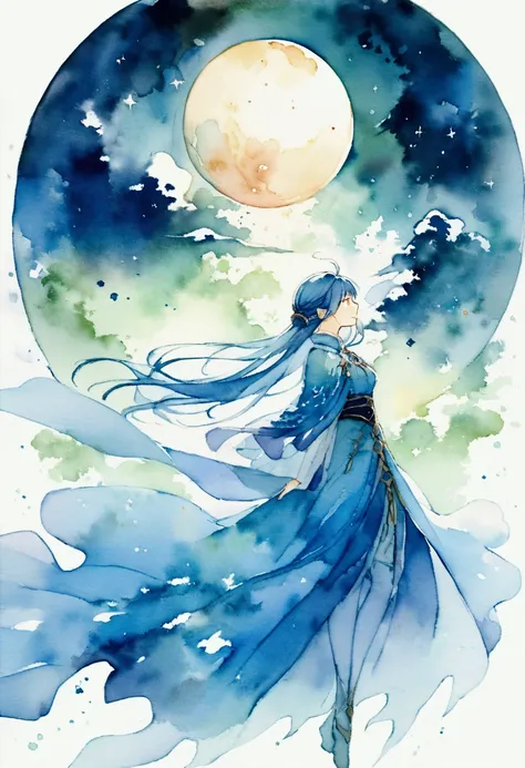 Blue beautiful earth。I dont need a person。Fantasy。Watercolor。