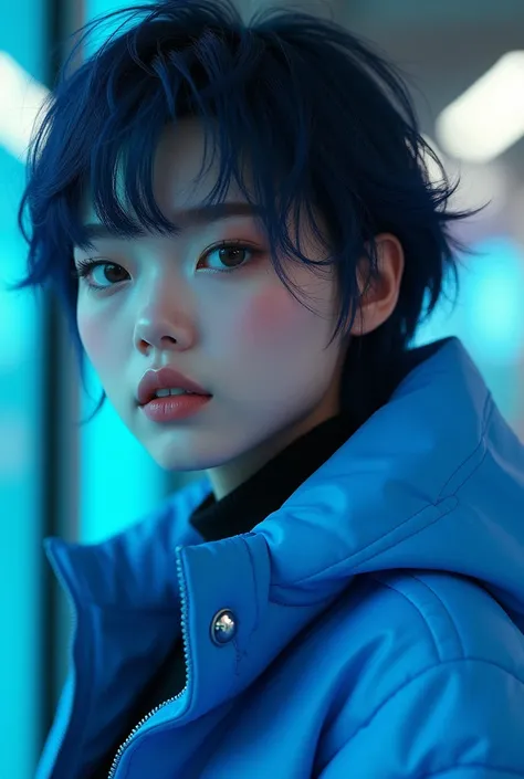 Girl short hair, blue Jacket