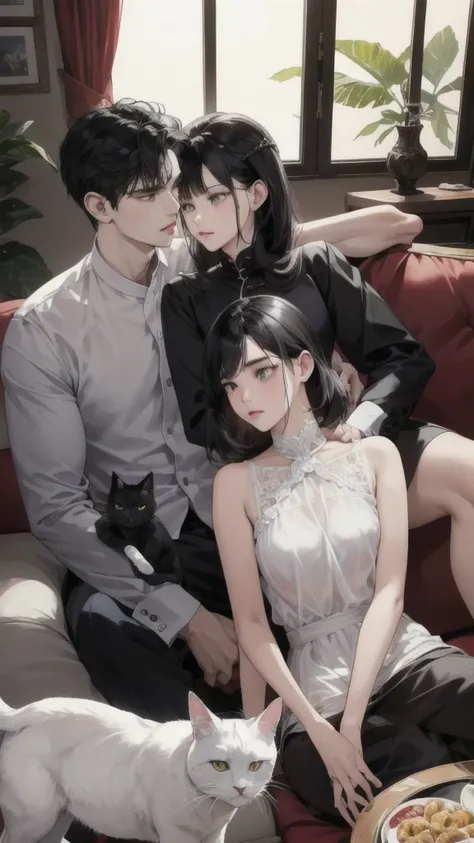 Young caucasian guy and young caucasian girl sitting on a sofa in an apartment watching TV with several cats.,black hair, Black Cat,White cat รายละเอียดสูง, ถูกต้องตามกายวิภาคศาสตร์, รายละเอียดมาก, ความละเอียดสูงสุด, โมเดลความละเอียดสูง, 