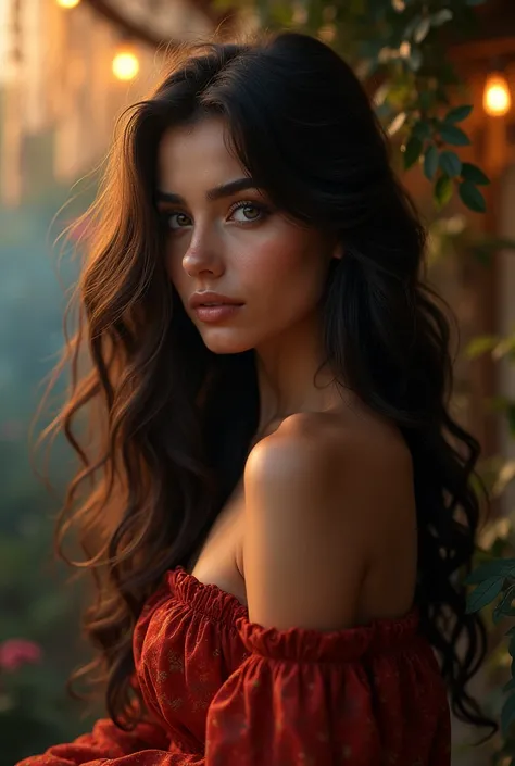 an spanish woman with lush dark long style hair outside (realistic:1.3) , finely detailed, quality, (masterpiece:1.2) , (photorealistic:1.2) , (best quality) , (detailed skin:1.3) , (intricate details) , ray tracing, dramatic, 1 girl portrait, (Best Qualit...