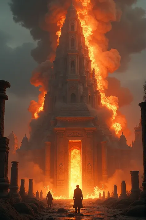 Images of the temple on fire, collapsing