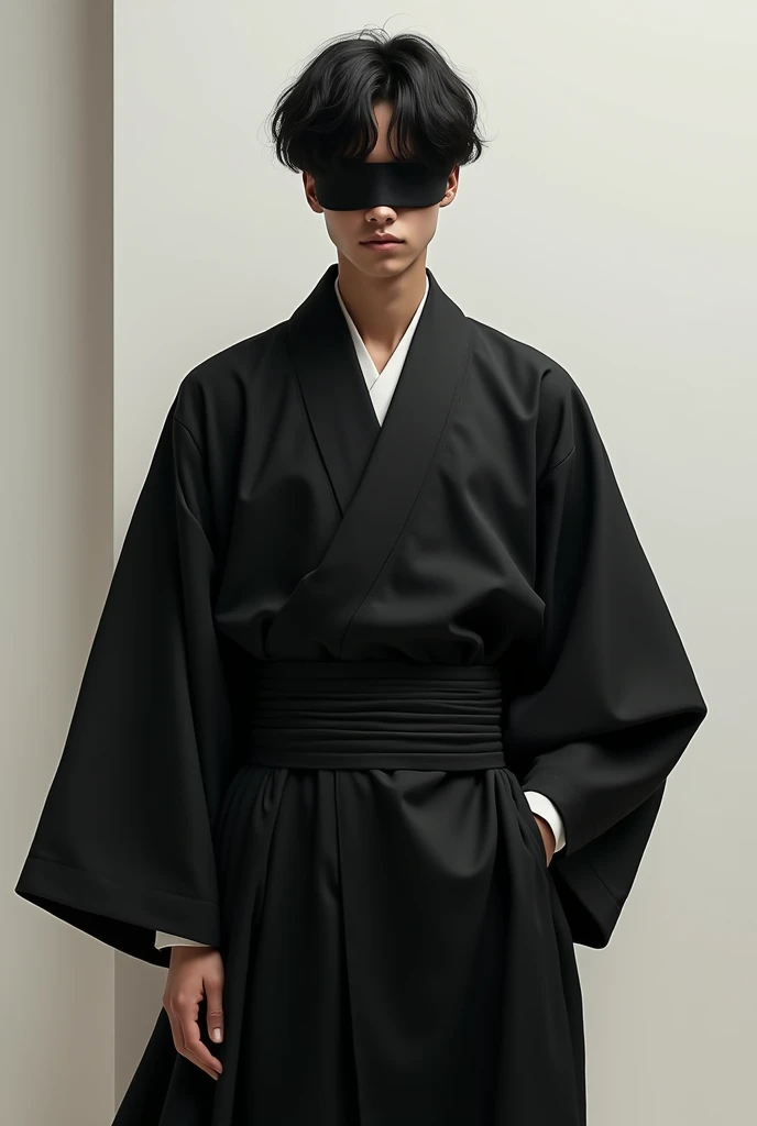 Create a brown-skinned man, 18-years old, black blindfold,Bblack hair, with 1,80 tall weighing 60 kilos, Wearing a black kimono