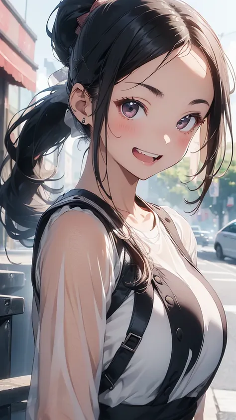 young woman、smile、(Wide forehead visible)、((ponytail、very, very big breasts))、blush、((masterpiece、High resolution、16K))、((Mesh clothing))、(Very close:1.5)、In town、(Focus on the upper body:1.5)、((Laughing with your mouth open))