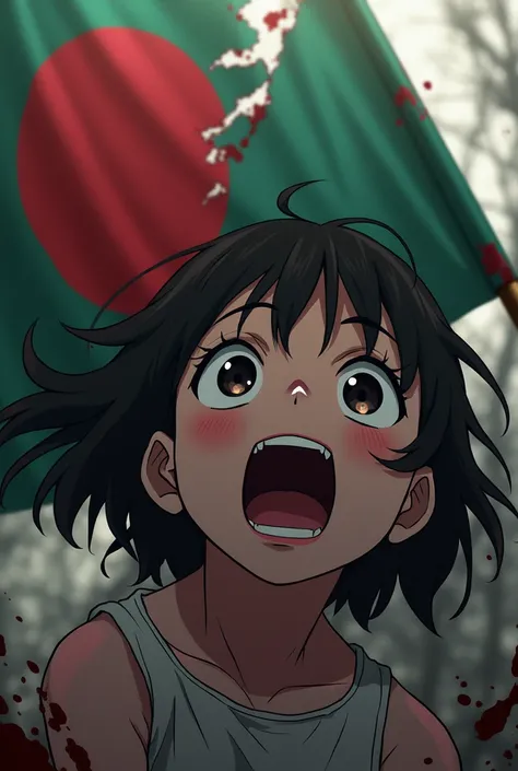 Blood covered ripped Bangladeshi flag beside a screaming girl anime 
