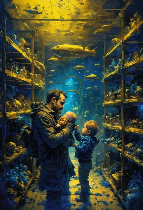 Young father with baby kid and children curating art, curator man, moustache, toys on shelves, high tech futuristic mysterious atmosphere, deep dark blue and golden yellow, 4D, 8K, photorealistic, dreamlike, big and complex composition storytelling, master...