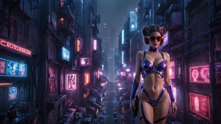 Theres a cyborg woman (8k) wearing a futuristic leotard (best quality), aerial view of a cyberpunk city alley at night, (a real monkey on her shoulder), darksynth aesthetic, red neons, haze, foggy night, ultra detailed, photorealistic, (1girl, solo, alone)...