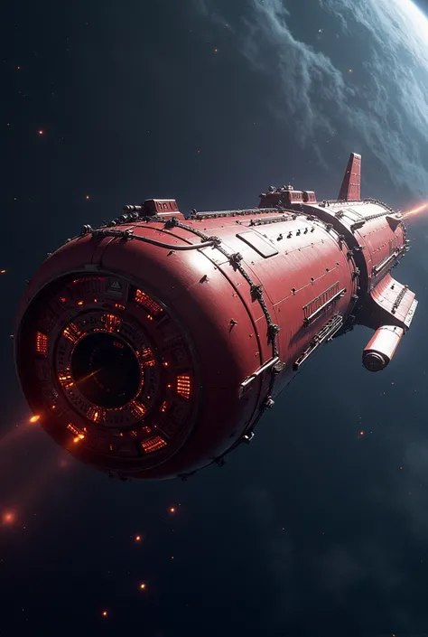 A spaceship carrying huge cargo,Wingless,Red Spaceship,The window is small and you can see outside.,Precision machinery can be seen through gaps in the exterior,Huge rocket engine,