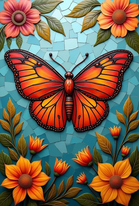 Mosaic art with tiles. The art consists of a beautiful moth with wonderful wings and colors of the autumn palette, in the background with palettes opposite to the moth, autumn mood and flower-based geometric patterns in life 