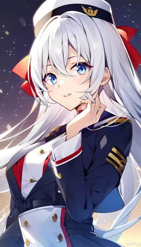 one girl, navy costume, cool, white hair, light blue eyes