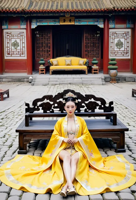 A gorgeous empress from the Chinese imperial court during the Qing Dynasty. A large yellow sofa with the empress naked and with her legs spread. A gorgeous empress from the Chinese imperial court with her hair tied on both sides. She is wearing a crown.、Th...