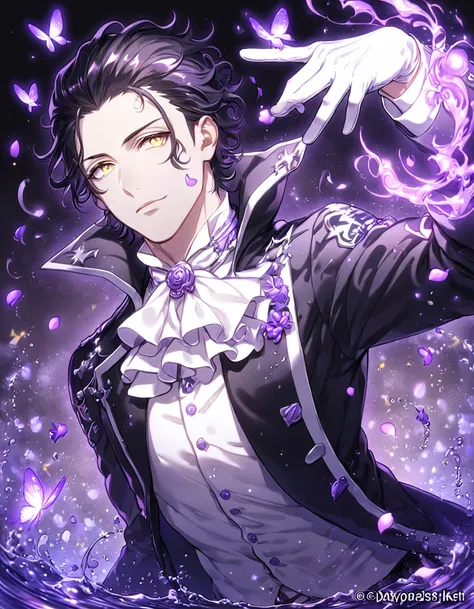 Ultra detailed, HDR, Highres, absurdres, master piece, Tyki Mikk, black hair, hair slicked back, ruffled wavy hair, short hair, expressive yellow eyes, gray skin, black coat, white shirt, white cravat, white gloves, D.Gray-man, sexy man, handsome, purple f...