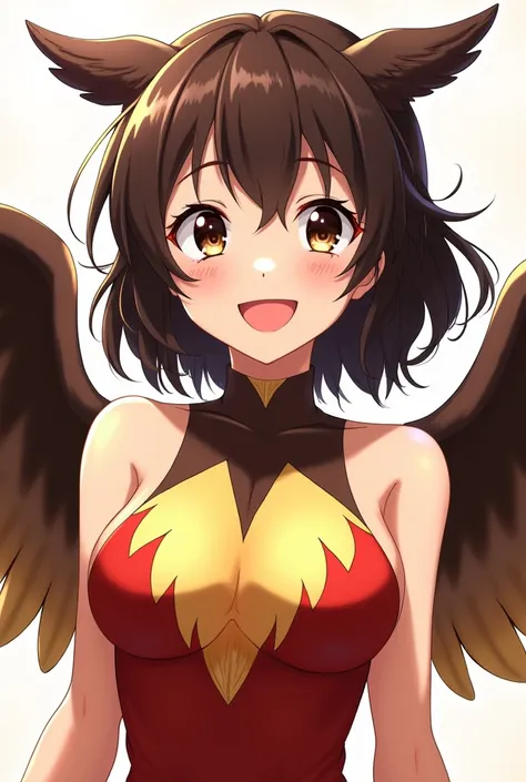 Boku no hero style from the waist up, blonde-skinned woman with dark brown hair, brown eyes and smiling, with yellow winged hawks dress