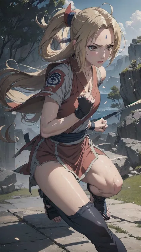 (masterpiece, highest quality:1.2), alone, One Girl, Tsunade Defense, Forehead mark, View your audience、((Battle Scenes、Fighting Pose、Sweat、Rocky area、take off one&#39;s haori、punch、Fluttering Hair、Navy blue pants、No sleeve、Torn clothes、Large areola、chest)...