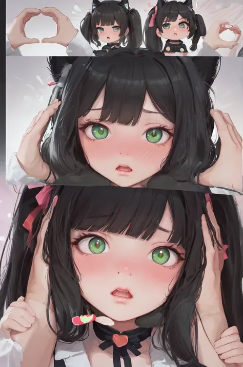 (masterpiece, highres, best quality:1.2), IncrsSnootChallenge, comic, 3koma, ADDBASE :o , karyl, low twintails, cat ears, hair bow, bangs, green eyes BREAK smiling, excited, karyl, low twintails, cat ears, hair bow, bangs, green eyes, BREAK (pov hands:1.4)...