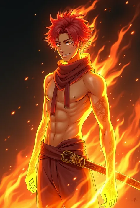 , scarf of fires around his neck, , samurai, mischievous smile, , fire spirit,Reddish Fire Hair, translucent body, bare torso, ,man, Body not very transparent, Happy , fantasy anime style, bright yellow complexion, Eyes of burning flame, Golden dragon tatt...