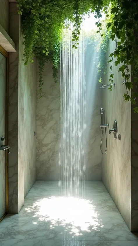 Fabulous shower room with marble walls and ceiling. Water is running from the shower. Green ivy hangs from the ceiling and modern metal fixtures can be seen behind glass doors." Light pours in, fog rolls in, and a mystical atmosphere is expressed by the fu...