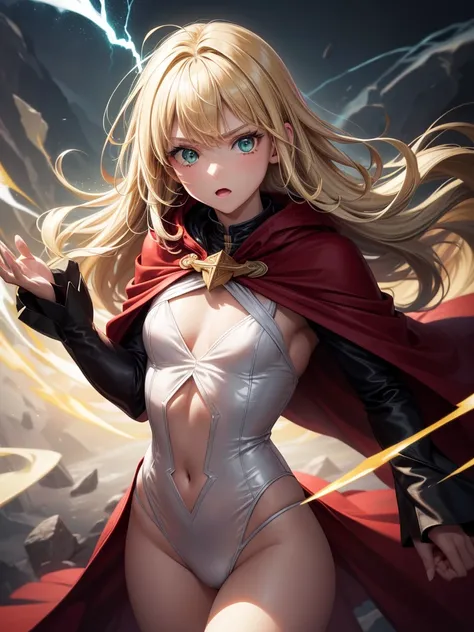 (Absurd, High resolution), 16K, (Panorama), 18-year-old, 1 person, Severe, Dark green eyes, Open your arms, Short right swept dandy Blonde, Blonde, Black coat, White underwear, Extremely detailed, lightning, magic, magic Array, Exaggerated light, Shine, ma...