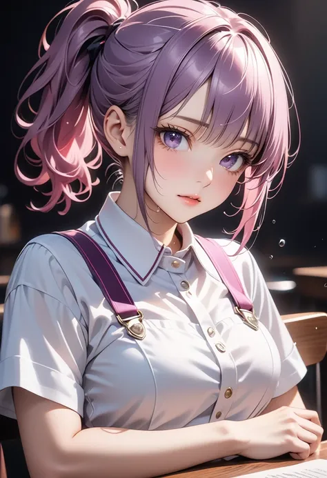 Best Photos, Tabletop, masterpiece、Ultra-precision、high resolution, Anime girl with purple hair and purple eyes on a black background、[3D Images:1.25],[[Attractive eyes,Detailed eyes、Shining Eyes, Colorful eyes:1.15]]、Overall front view、Short Ponytail, Pin...