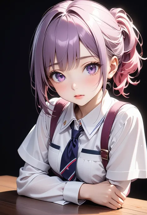 Best Photos, Tabletop, masterpiece、Ultra-precision、high resolution, Anime girl with purple hair and purple eyes on a black background、[3D Images:1.25],[[Attractive eyes,Detailed eyes、Shining Eyes, Colorful eyes:1.15]]、Overall front view、Short Ponytail, Pin...