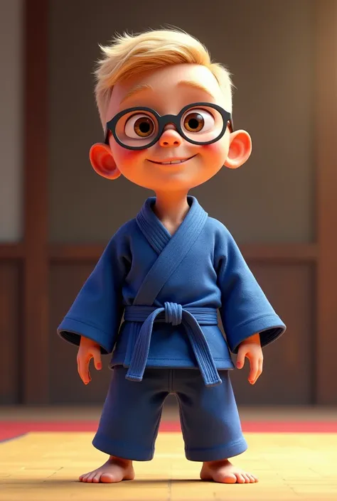 PIXAR-like image of a 10-year-old boy, judo fighter face, smiling, honey colored eyes, Grey glasses, blond hair, bald cut, strong physique, wearing blue judogi, blue sash
