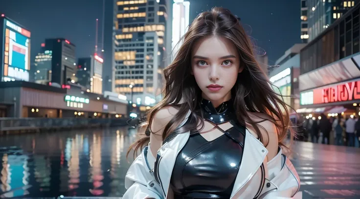 ((masterpiece, best quality, Highest image quality, high resolution, Reality, RAW photos, 8K)), Bustling future city night scene，Girl standing on the roof，Tight leather jacket，Off-shoulder，Large Breasts，Long hair，Pretty face，Closed mouth，dramatic，Upper Bod...