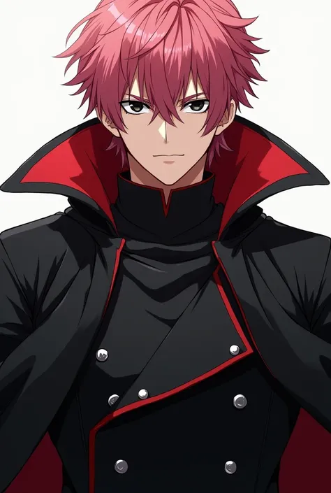 Create a tall size man, eyes black, pink  hair, black coat with red hood, not wearing the hood, serious face anime style