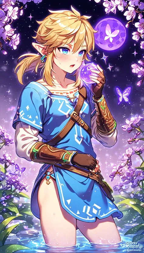 absurdres, highres, ultra detailed, HDR, master piece, best quality, Link, blonde hair, expressive blue eyes, The Legend Of Zelda Breath Of The Wild, solo, sexy man, handsome, sensual, horny, blue tunic, brown gauntlets, fantasy, magical, shining, purple f...