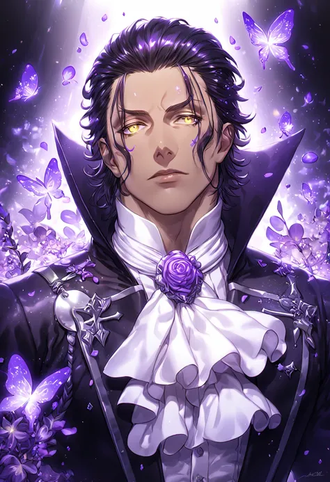 Ultra detailed, HDR, Highres, absurdres, master piece, Tyki Mikk, black hair, hair slicked back, ruffled wavy hair, short hair, expressive yellow eyes, dark gray skin, black coat, white shirt, white cravat, white gloves, D.Gray-man, sexy man, handsome, pur...