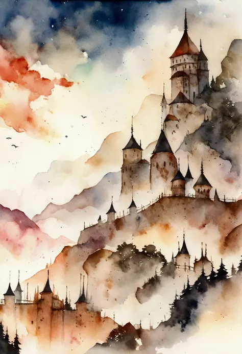 War. Burning buildings and earth. Watercolor.